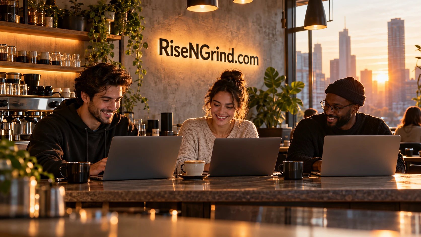 Founders working at laptops around an early morning coffee bar under RiseNGrind.com signage