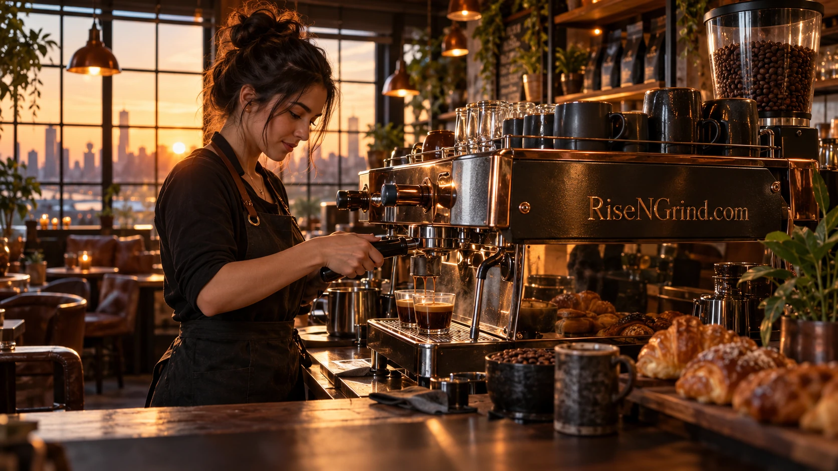 An early morning coffee bar, with a barista at work in warm dawn light
