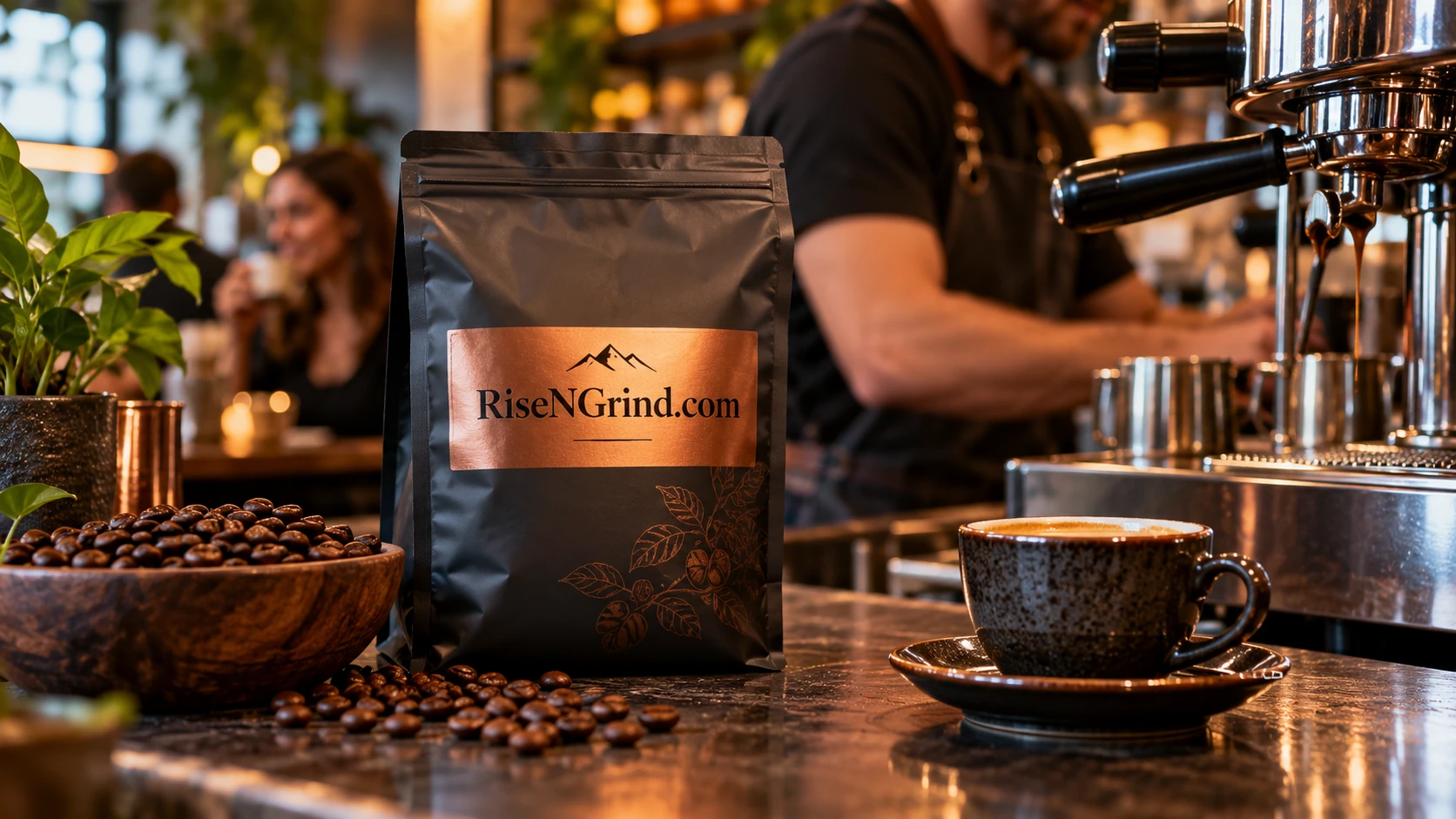RiseNGrind.com coffee packaging on a warm coffee counter